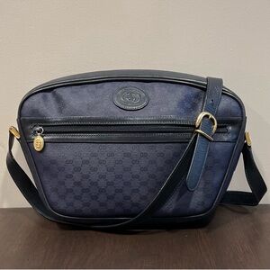 Vintage Gucci GG Navy Blue Canvas w/ leather Crossbody Bag